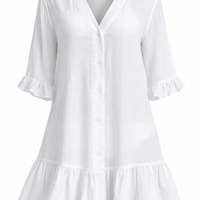 Sommerkjole i Hvit – Oversize A-linje med V-hals og Vide Ermer