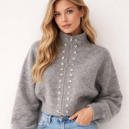 Luksuriøs Strikket Cardigan for Dame – Myk, Fluffy Jakke med Glidelås og Dobbelspent Design | Trendy Y2K Høstgenser