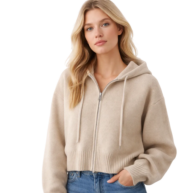 Kort Strikket Cardigan med Glidelås og Hette – Søt & Vintage Inspirert Genser til Høst og Vinter