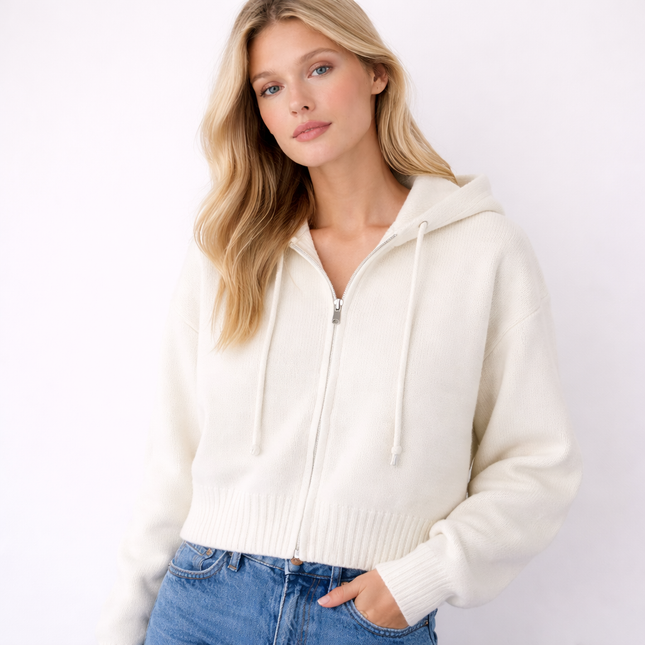 Kort Strikket Cardigan med Glidelås og Hette – Søt & Vintage Inspirert Genser til Høst og Vinter