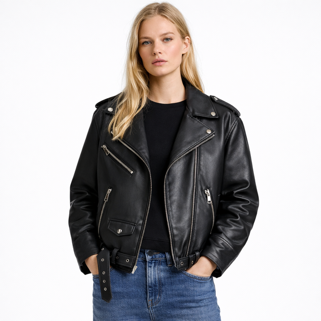 Klassisk Bikerjakke for Dame – Løs Skinnjakke i PU med Belte og Glidelås | Trendy Vår- og Høstjakke