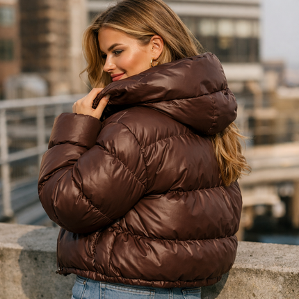 Kort Bomullsjakke for Dame – Hettejakke med Ståkrage | Løs & Elegant til Høst og Vinter