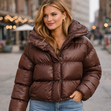 Kort Bomullsjakke for Dame – Hettejakke med Ståkrage | Løs & Elegant til Høst og Vinter