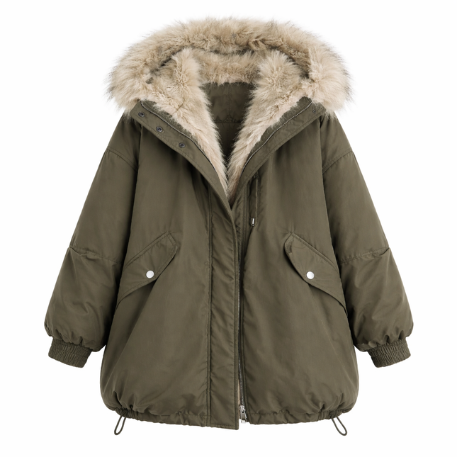 Dunjakke for Dame med Fuskepels – 90% Hvit Andedun | Løs, Varm & Elegant Jakke til Høst og Vinter