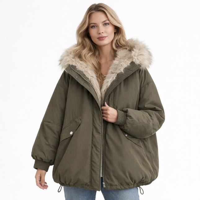 Dunjakke for Dame med Fuskepels – 90% Hvit Andedun | Løs, Varm & Elegant Jakke til Høst og Vinter