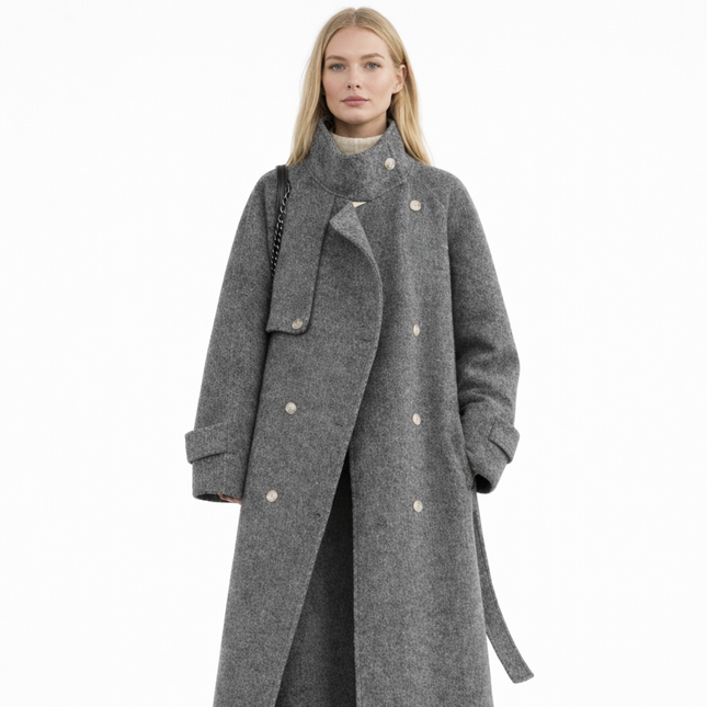 Elegant Ullkåpe for Dame – Dobbelsidig Kåpe med Ståkrage | Løs Passform til Høst og Vinter