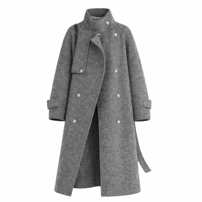 Elegant Ullkåpe for Dame – Dobbelsidig Kåpe med Ståkrage | Løs Passform til Høst og Vinter