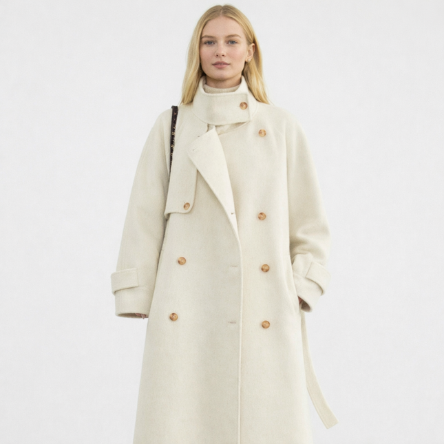 Elegant Ullkåpe for Dame – Dobbelsidig Kåpe med Ståkrage | Løs Passform til Høst og Vinter