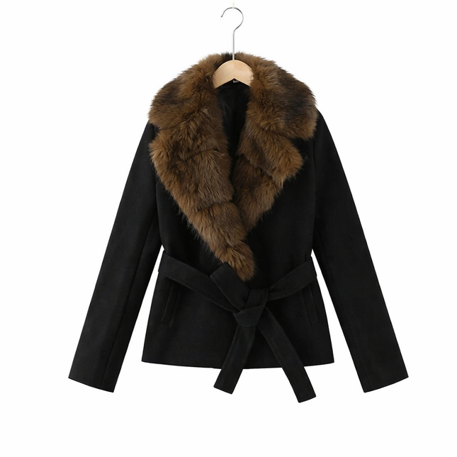 Fuskepelsjakke med Hette for Dame – Varm og Tykk Ullfrakk med Belte og Lommer | Trendy Streetwear til Høst og Vinter