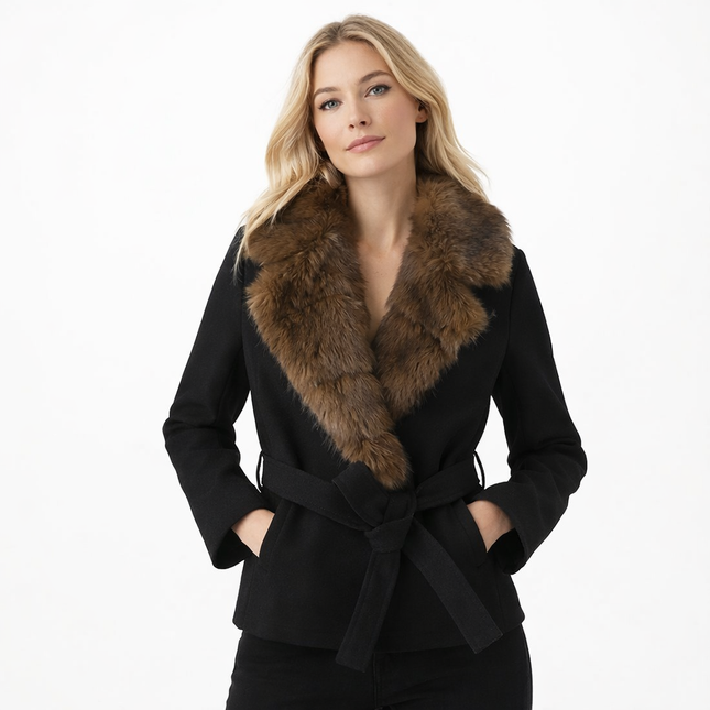 Fuskepelsjakke med Hette for Dame – Varm og Tykk Ullfrakk med Belte og Lommer | Trendy Streetwear til Høst og Vinter