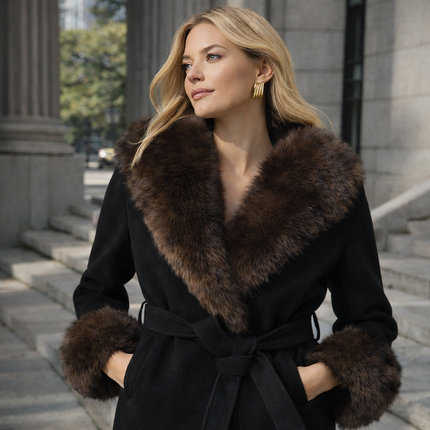 Fuskepelsjakke med Hette for Dame – Varm og Tykk Ullfrakk med Belte og Lommer | Trendy Streetwear til Høst og Vinter