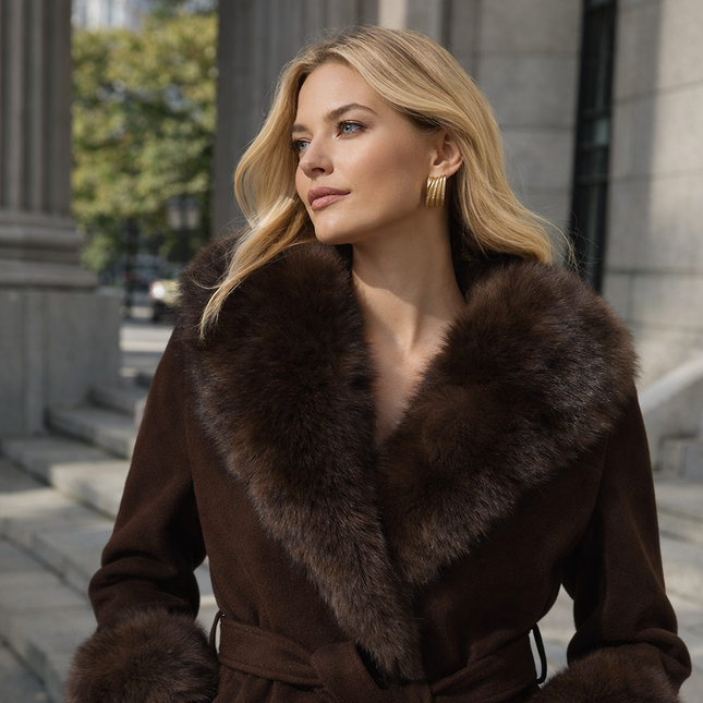 Fuskepelsjakke med Hette for Dame – Varm og Tykk Ullfrakk med Belte og Lommer | Trendy Streetwear til Høst og Vinter