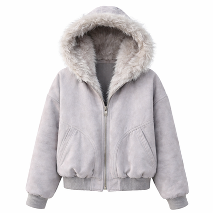 Retro Vinterjakke for Dame med Fuskepelskrage og Hette – Tykk, Varm & Løs Y2K Streetwear Stil