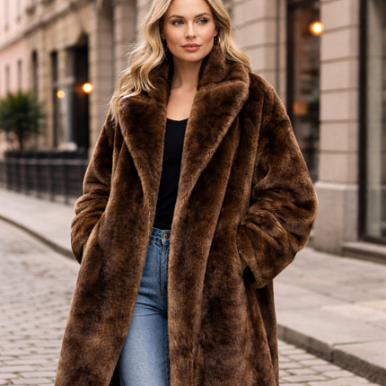 Elegant Lang Fuskepelsjakke for Kvinner – Flerfarget Kåpe med Krage | Luksuriøs og Myk Overgangsjakke til Vinteren
