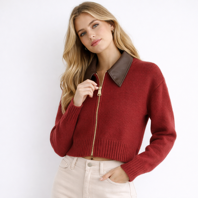 Strikkecardigan med skinnlook-krage – toveis glidelås, myk & vintage-inspirert (høst/vinter)