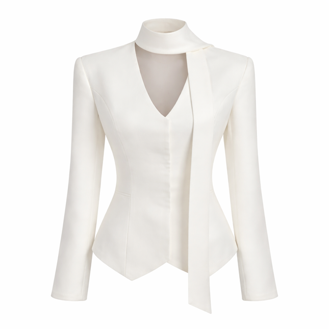 Stripete Skreddersydd Kåpe for Dame – Elegant Jakke med V-hals, Snøring og Lange Ermer | Formell & Høymote Stil