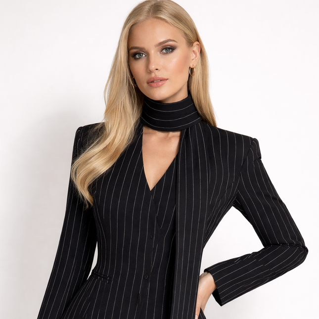 Stripete Skreddersydd Kåpe for Dame – Elegant Jakke med V-hals, Snøring og Lange Ermer | Formell & Høymote Stil