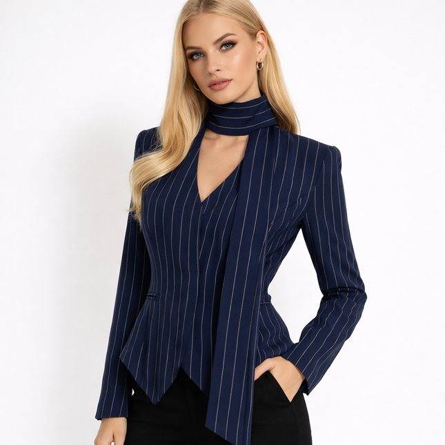Stripete Skreddersydd Kåpe for Dame – Elegant Jakke med V-hals, Snøring og Lange Ermer | Formell & Høymote Stil