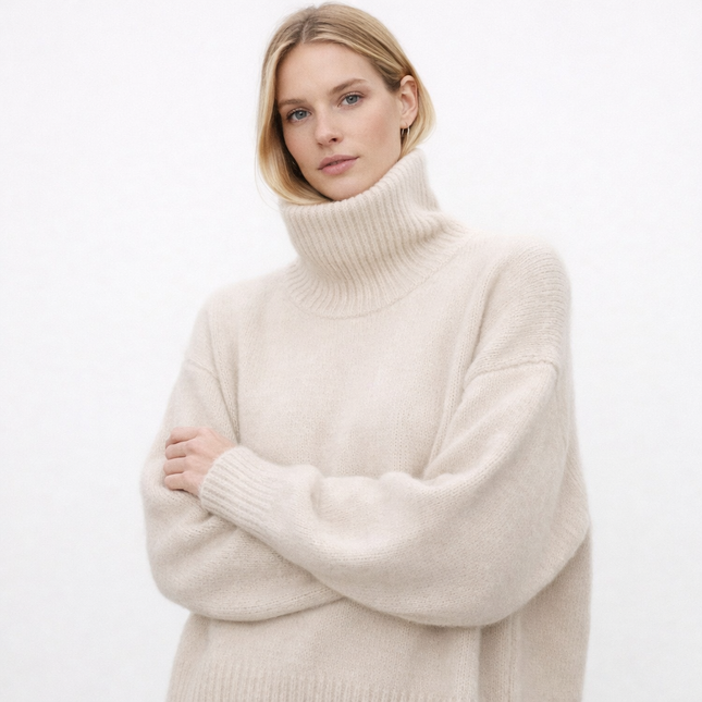 Tykk Høyhalset Kasjmirgenser for Kvinner – 100% Ren Kasjmir | Myk, Løs og Elegant Strikkegenser i Europeisk Stil