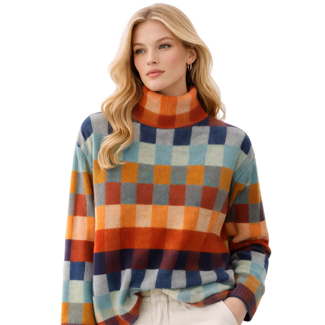 Streetwear Høyhalset Genser – Ruter & Kontrastfarger | Løs, Trendy & Varm Høst/Vinter