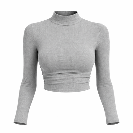 Dame Crop Top – Tettsittende Ribbestrikket Pologenser mit Lange Ermer