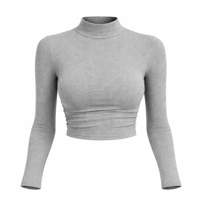 Dame Cropped Topp – Tettsittende Ribbestrikket Pologenser med Lange Ermer