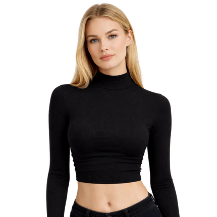 Dame Crop Top – Tettsittende Ribbestrikket Pologenser mit Lange Ermer