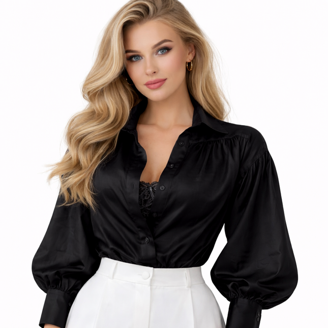 Elegant Skjorte for Dame – Løs Passform med Krage og Klokkeermer | Perfekt til Kontor og Hverdag