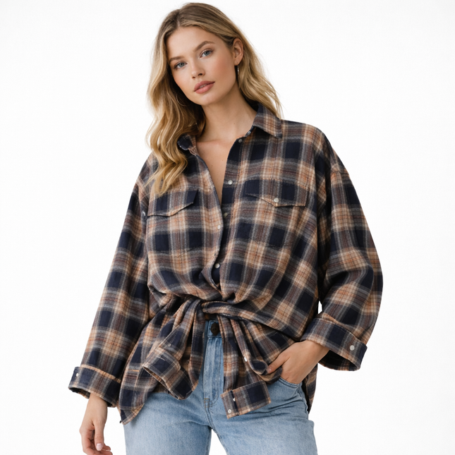 Vintage Rutete Skjorte for Dame – Oversized Bluse i Blåtoner | Langermet Høst- og Vinterskjorte