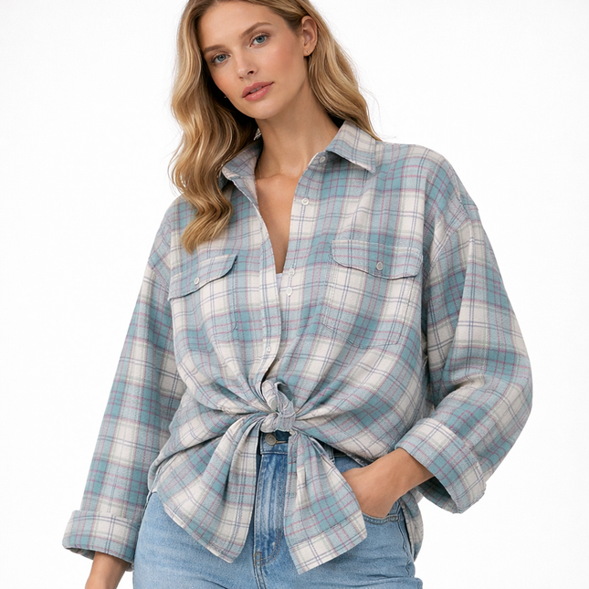 Vintage Rutete Skjorte for Dame – Oversized Bluse i Blåtoner | Langermet Høst- og Vinterskjorte