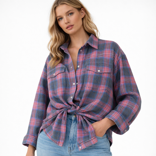 Vintage Rutete Skjorte for Dame – Oversized Bluse i Blåtoner | Langermet Høst- og Vinterskjorte