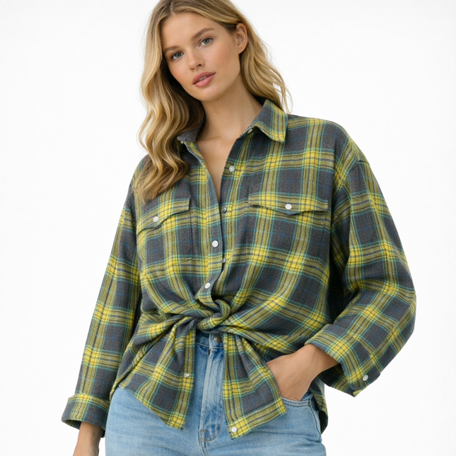 Vintage Rutete Skjorte for Dame – Oversized Bluse i Blåtoner | Langermet Høst- og Vinterskjorte