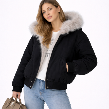 Retro Vinterjakke for Dame med Fuskepelskrage og Hette – Tykk, Varm & Løs Y2K Streetwear Stil