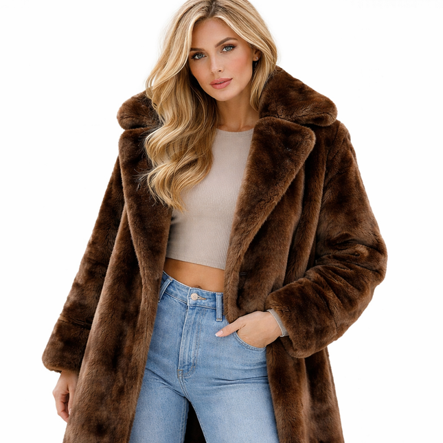 Elegant Lang Fuskepelsjakke for Kvinner – Flerfarget Kåpe med Krage | Luksuriøs og Myk Overgangsjakke til Vinteren