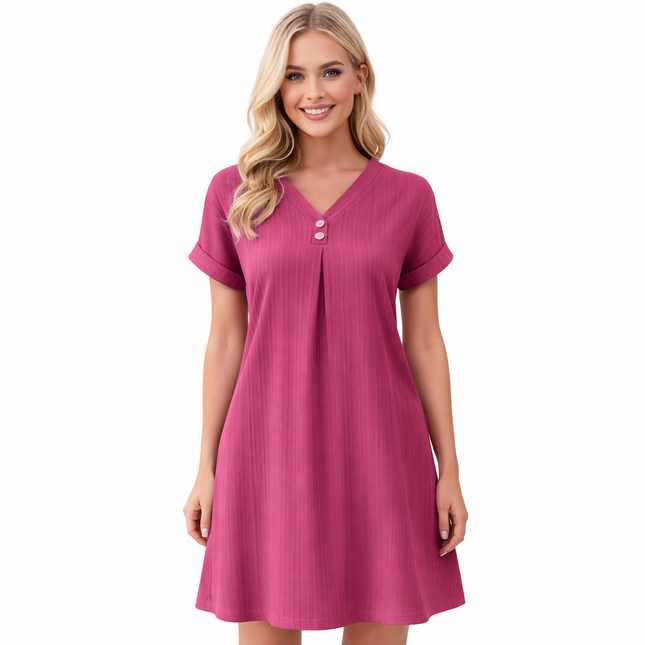 Sommerlig V-hals Kjole for Kvinner – Enkel Minikjole med Knapper til Hverdag og Kontor