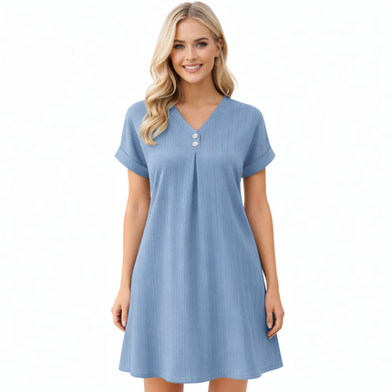 Sommerlig V-hals Kjole for Kvinner – Enkel Minikjole med Knapper til Hverdag og Kontor