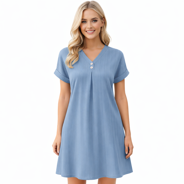 Sommerlig V-hals Kjole for Kvinner – Enkel Minikjole med Knapper til Hverdag og Kontor