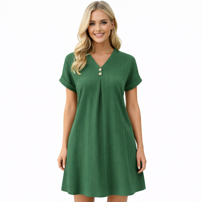 Sommerlig V-hals Kjole for Kvinner – Enkel Minikjole med Knapper til Hverdag og Kontor