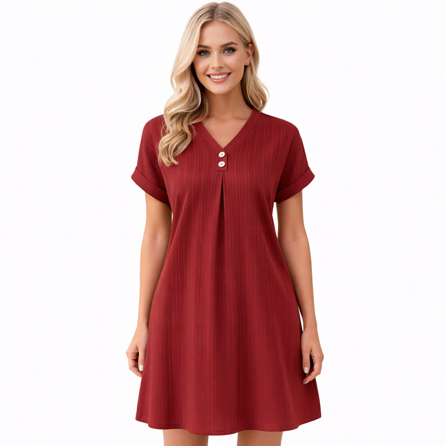 Sommerlig V-hals Kjole for Kvinner – Enkel Minikjole med Knapper til Hverdag og Kontor