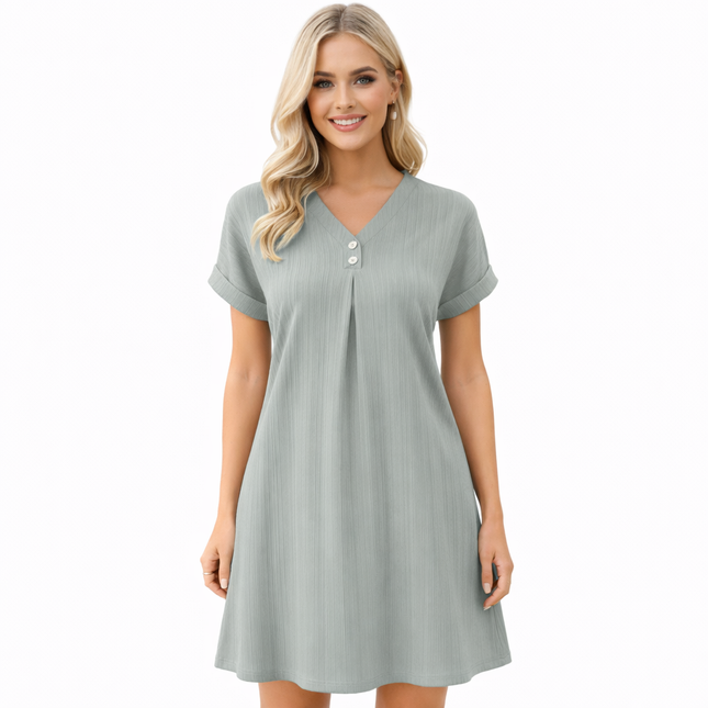 Sommerlig V-hals Kjole for Kvinner – Enkel Minikjole med Knapper til Hverdag og Kontor