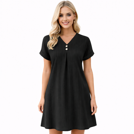 Sommerlig V-hals Kjole for Kvinner – Enkel Minikjole med Knapper til Hverdag og Kontor