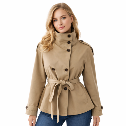 Kort Trenchcoat for Dame – Elegant Dobbelspent Jakke med Belte i Midjen og Ståkrage | Trendy Høstjakke
