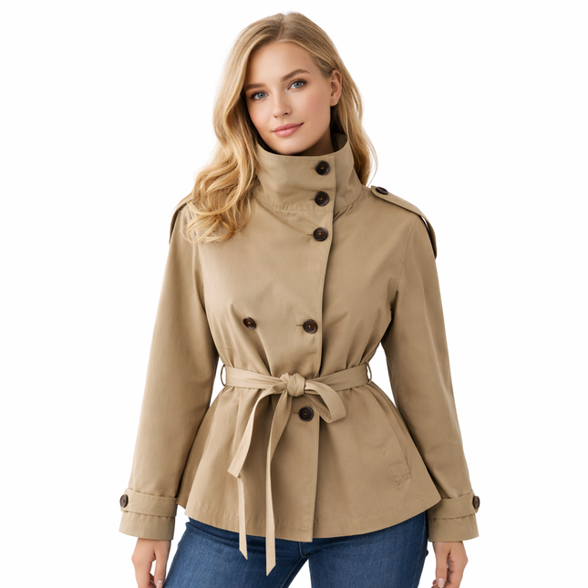 Kort Trenchcoat for Dame – Elegant Dobbelspent Jakke med Belte i Midjen og Ståkrage | Trendy Høstjakke