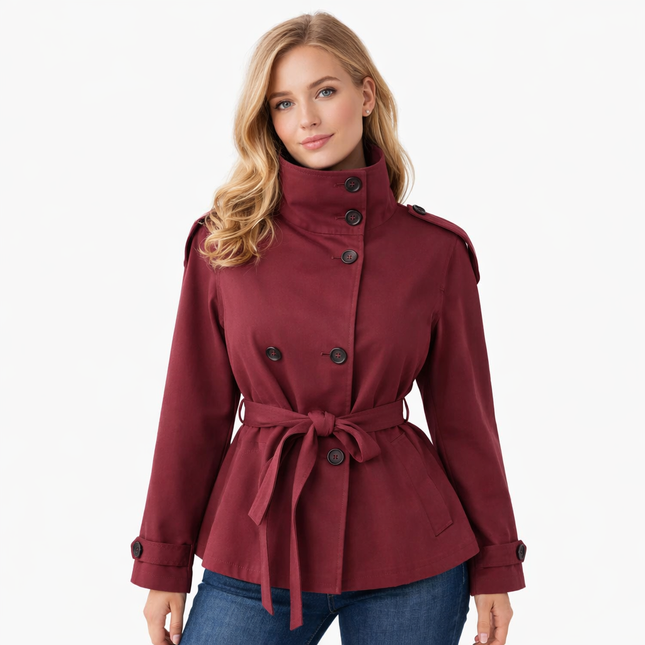 Kort Trenchcoat for Dame – Elegant Dobbelspent Jakke med Belte i Midjen og Ståkrage | Trendy Høstjakke