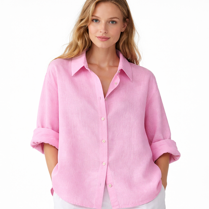 Hvit Linbluse for Dame – Elegant Oversized Skjorte i Bomull og Lin | Vårens Klassiske Basic med Krage