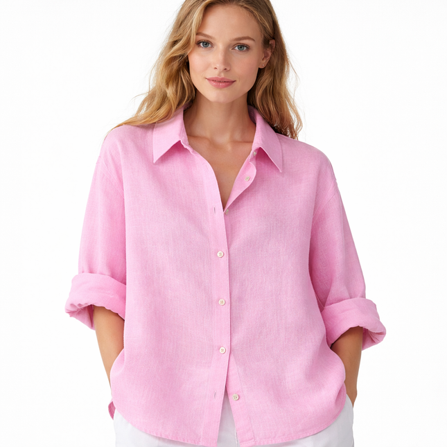 Hvit Linbluse for Dame – Elegant Oversized Skjorte i Bomull og Lin | Vårens Klassiske Basic med Krage