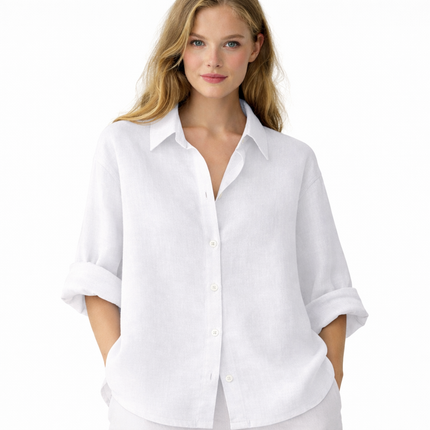 Hvit Linbluse for Dame – Elegant Oversized Skjorte i Bomull og Lin | Vårens Klassiske Basic med Krage