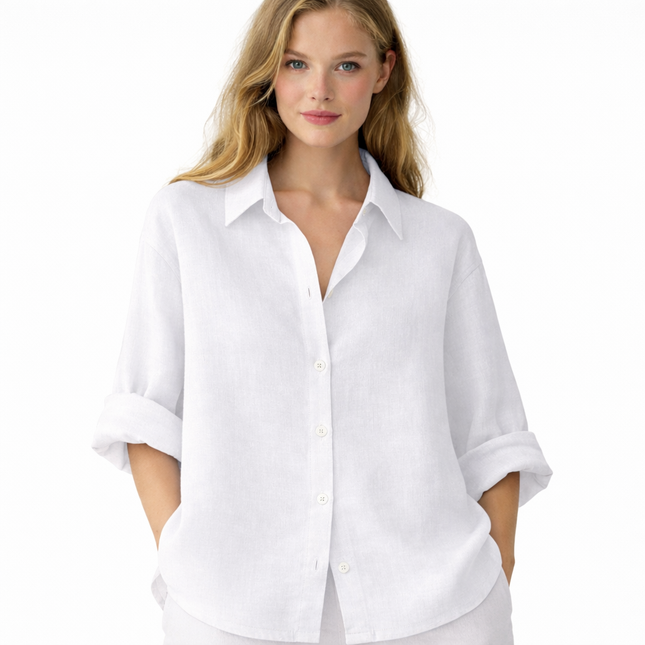 Hvit Linbluse for Dame – Elegant Oversized Skjorte i Bomull og Lin | Vårens Klassiske Basic med Krage