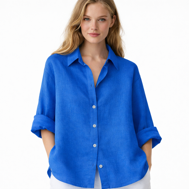 Hvit Linbluse for Dame – Elegant Oversized Skjorte i Bomull og Lin | Vårens Klassiske Basic med Krage