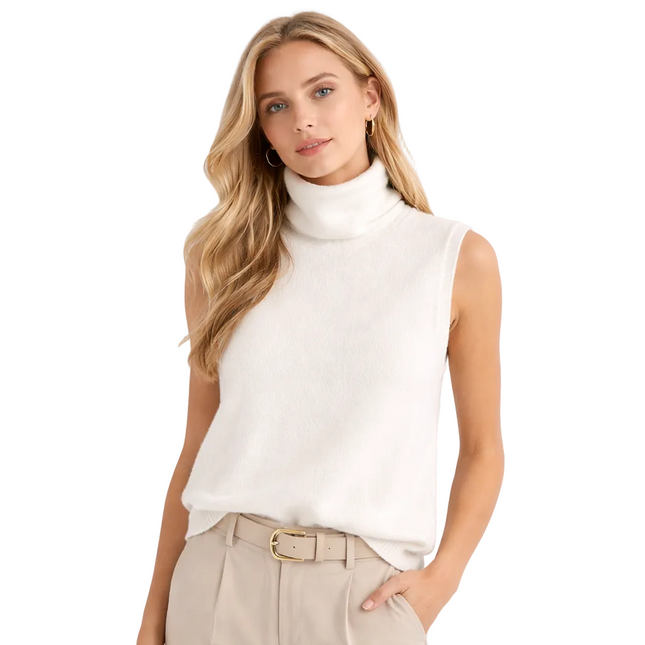 Ermeløs Høyhalset Vest i 100% Merinoull – Elegant Strikket Pullunder for Dame | Vår, Høst & Vinter